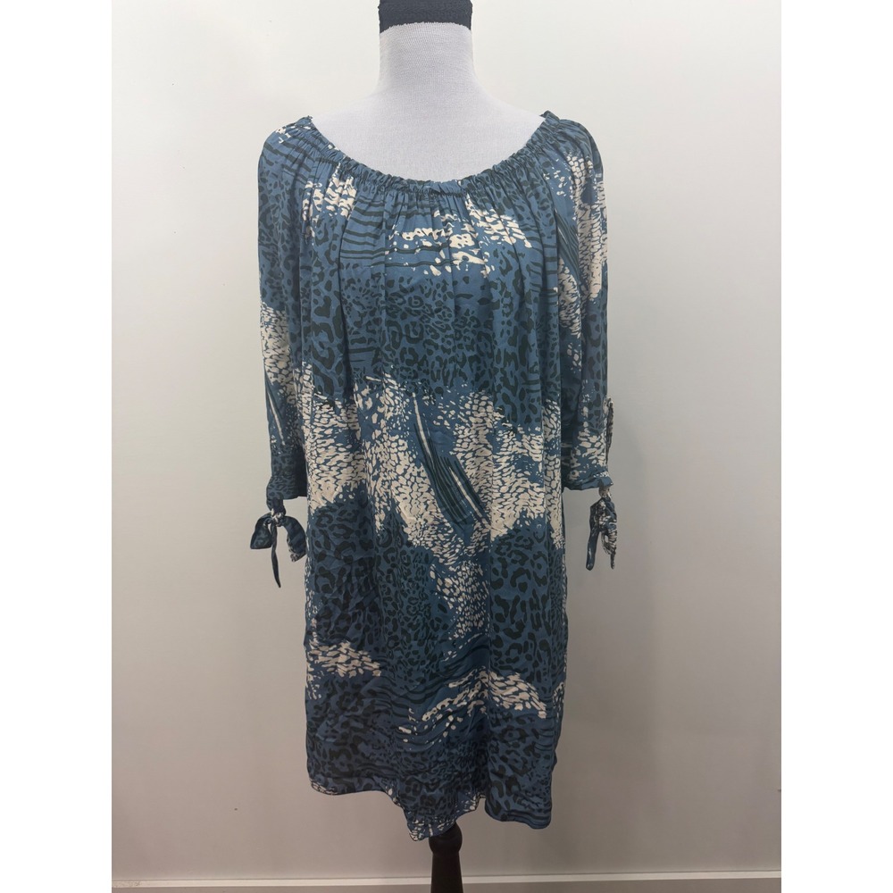 M Made In Italy Blue Animal Print Viscose Tunic Dress Tie Sleeve Womens Large